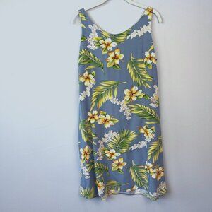Vintage Two Palms‎ Tuberose Blue Hawaiian Floral Sleeveless Shift Dress SizeL